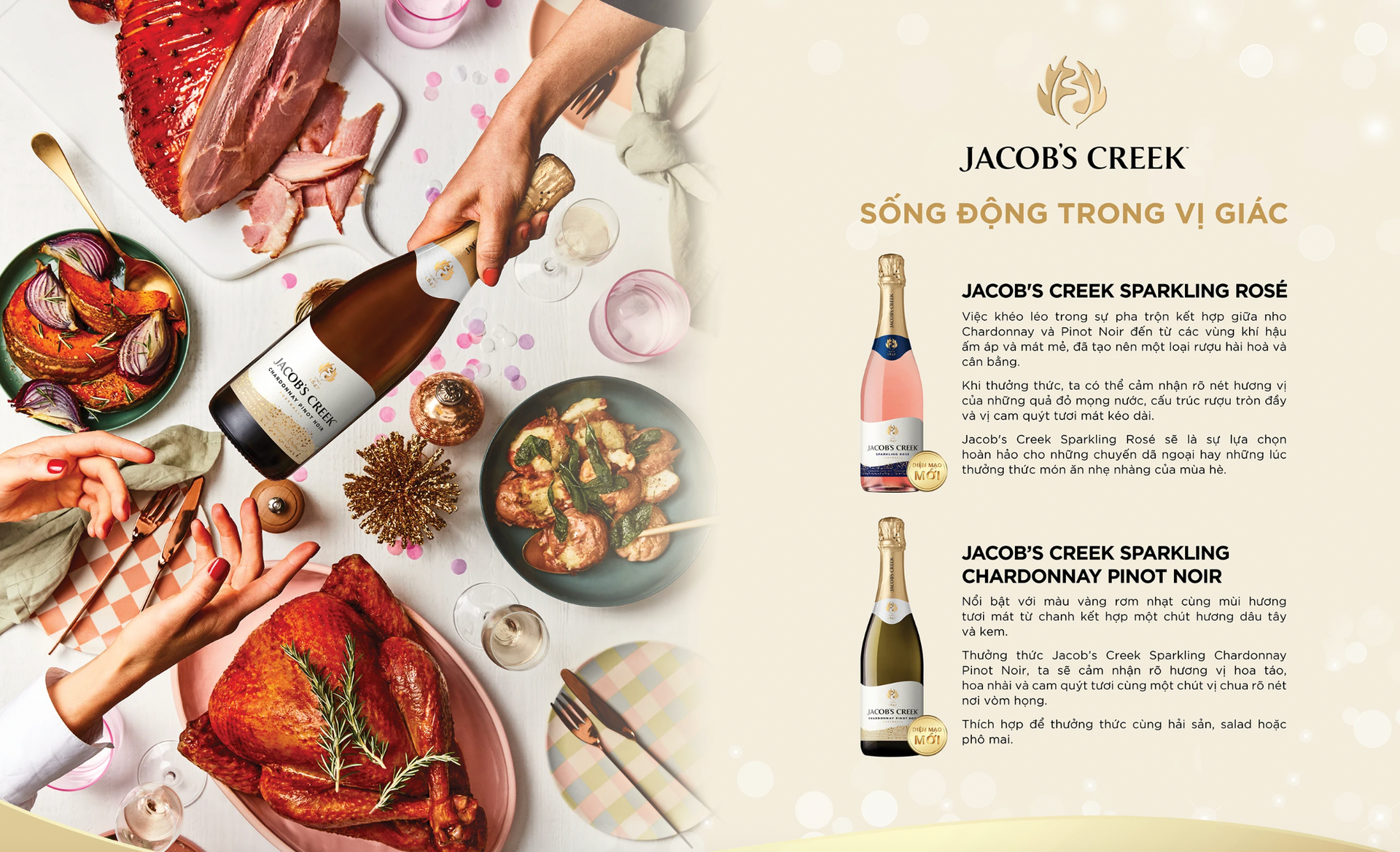 Table setting with food and Jacobs Creek sparkling wine bottles.