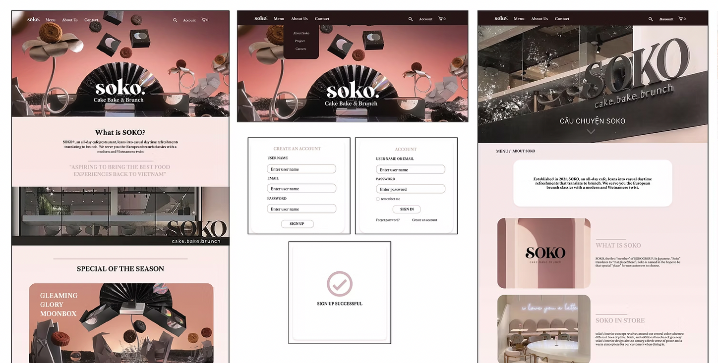 Soko Jewelry website, screens showing product displays, purchase form, and confirmation with a pink and brown color scheme.