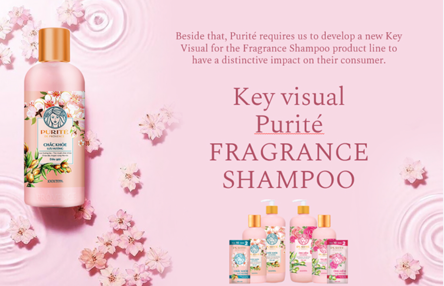 Pink shampoo bottles with floral design, key visual for Purité Fragrance Shampoo.