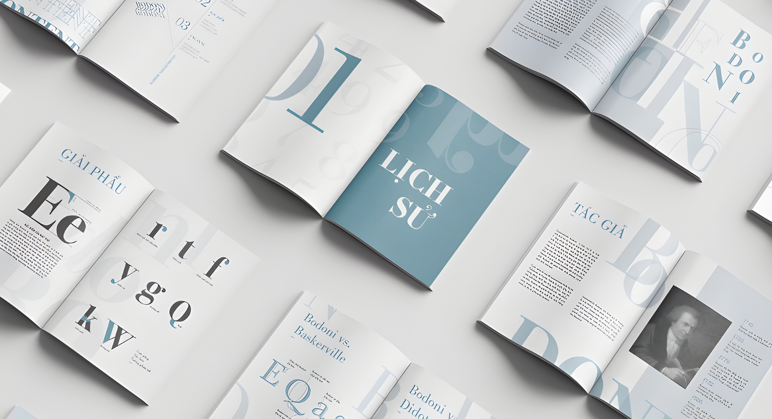 Open books with light blue and white pages, scattered on a white surface, showcasing typography and text in Vietnamese.