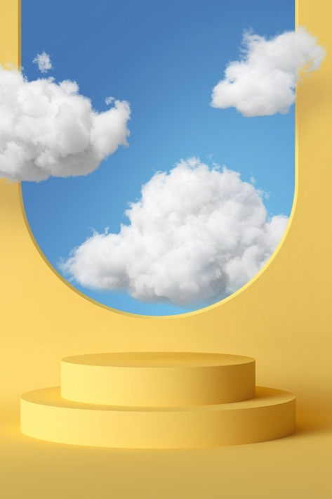 Yellow pedestal with blue sky and fluffy white clouds visible through a curved arch.
