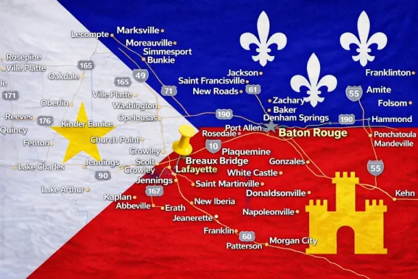 Louisiana state map with city labels, overlaid by red and blue flag designs and fleur-de-lis symbols