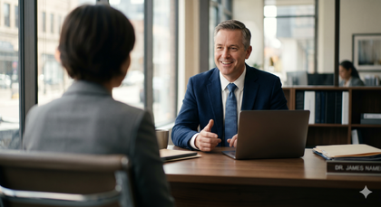 Colleagues shaking hands over documents and a laptop in a meeting room