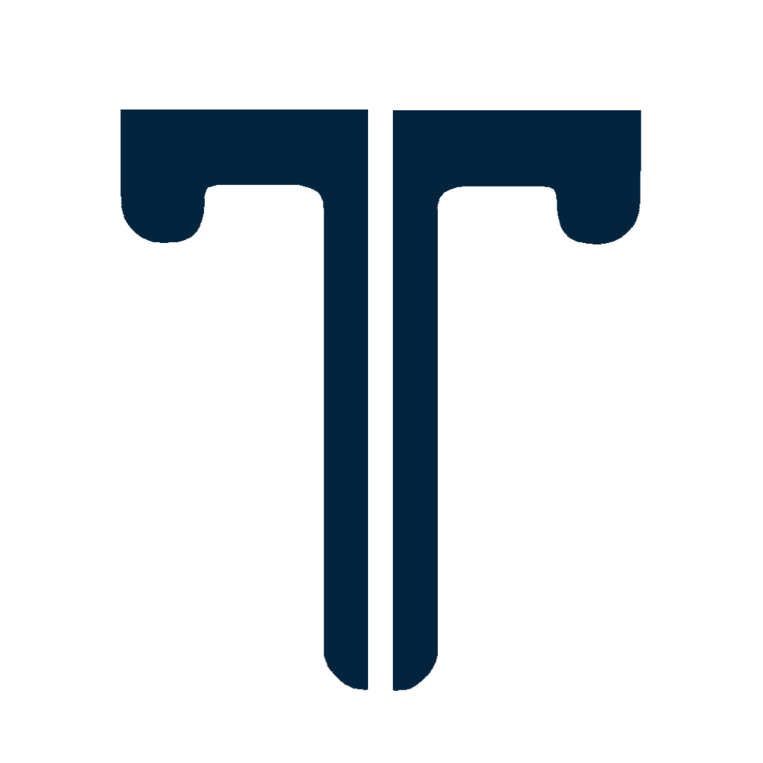 Blue stylized letter T logo on a white background