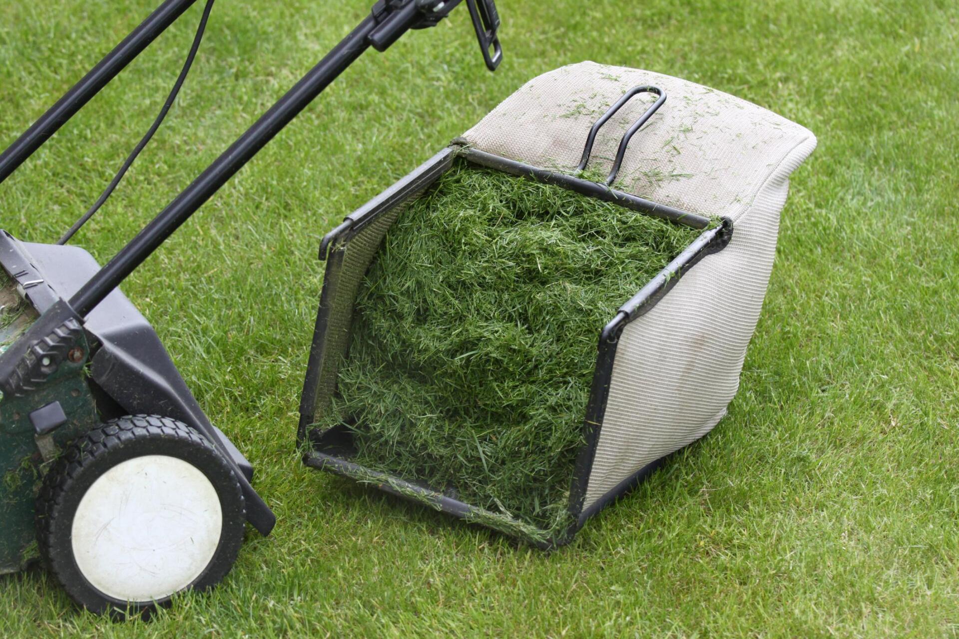 Lawn Mowing in Yorba Linda. Mowed grass collected in basket next to mower on freshly mowed residential lawn