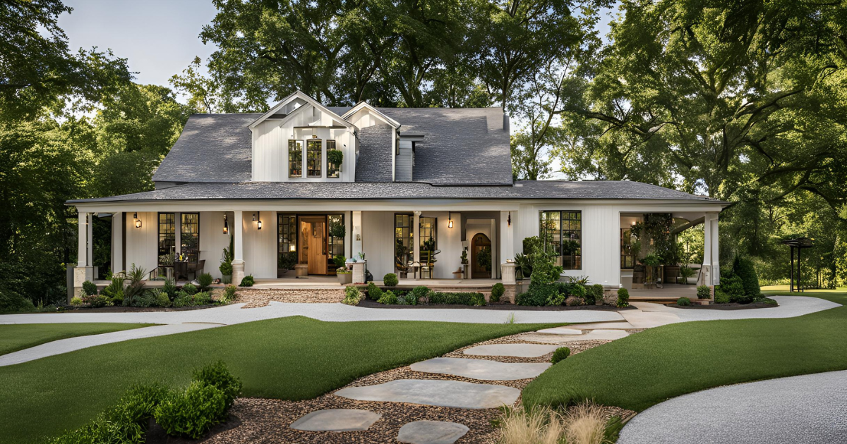 A white house with a porch and a stone walkway leading to it.