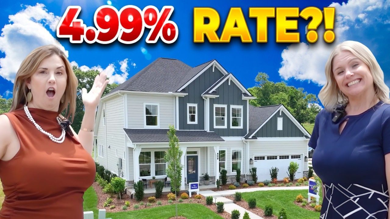 Text reading “4.99% RATE?!” over two women in front of a large suburban house and lawn