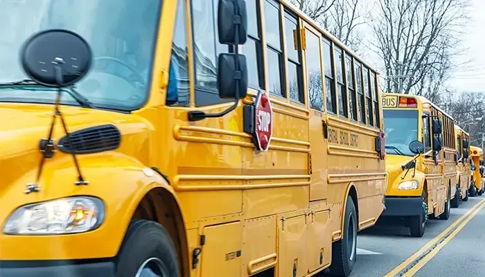 A row of yellow school buses are parked on the side of the road.