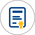 A blue icon of a certificate with a yellow ribbon in a circle.