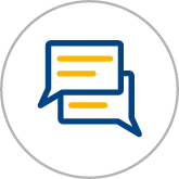 A blue and yellow speech bubble icon in a circle on a white background.