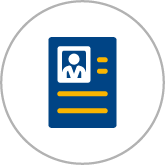 A blue and yellow icon of a passport with a picture of a person on it.