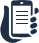 A hand is holding a cell phone with a piece of paper on it.