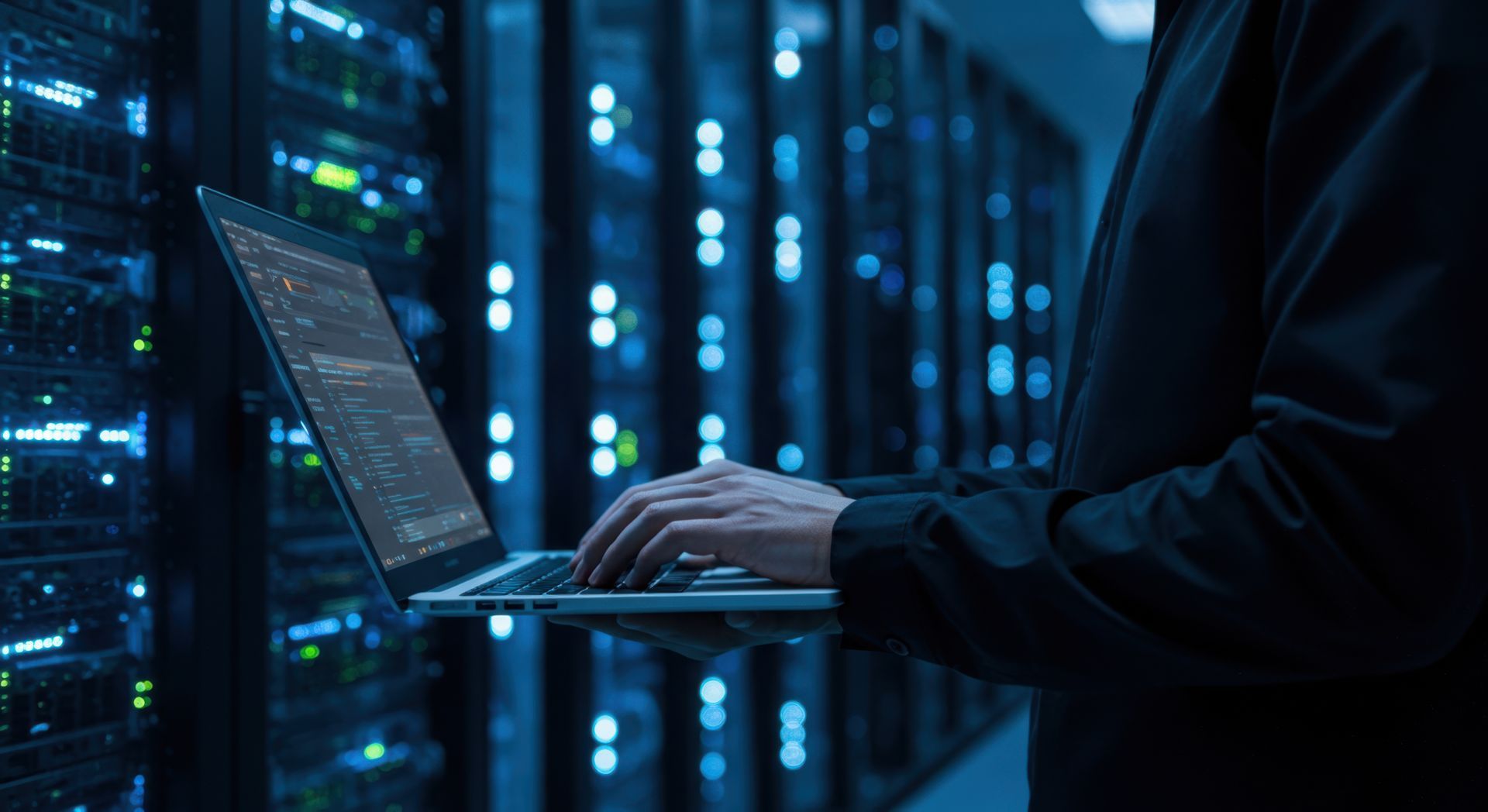 IT professional works on a laptop in a dimly lit server room.