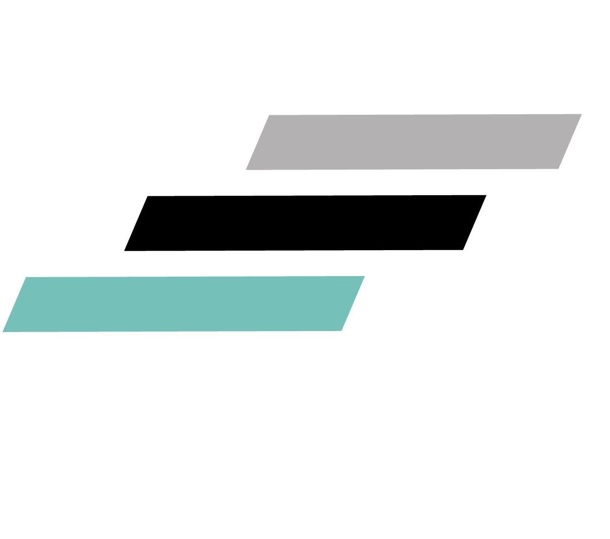 Three offset, slanted rectangles: teal, black, and gray.