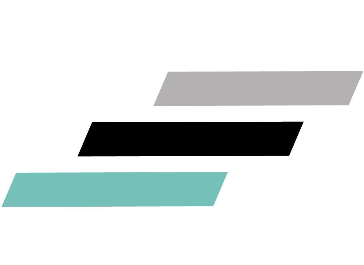 Three overlapping slanted rectangles: teal, black, and gray.