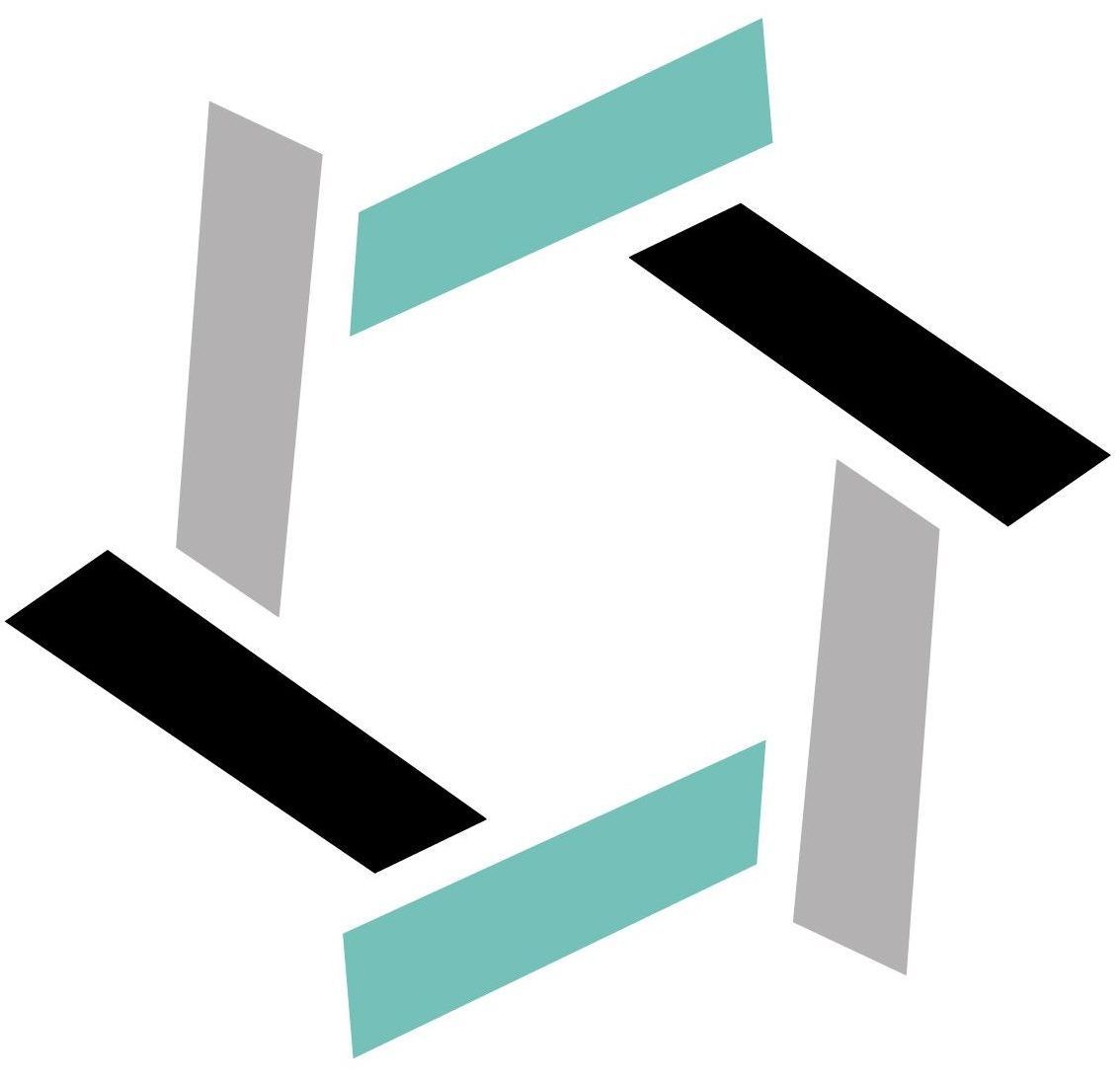 Interlocking geometric shapes in black, gray, and teal form a star-like pattern.