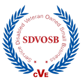 A blue laurel wreath surrounding the red text 