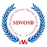 A blue laurel wreath surrounding the red text