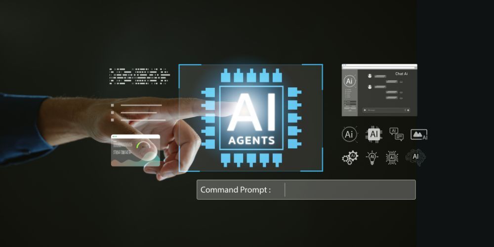 A hand touches a glowing digital interface featuring an AI Agents processor icon and data charts against a dark background.