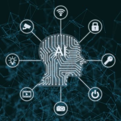 A computer generated image of a human head with various icons around it.