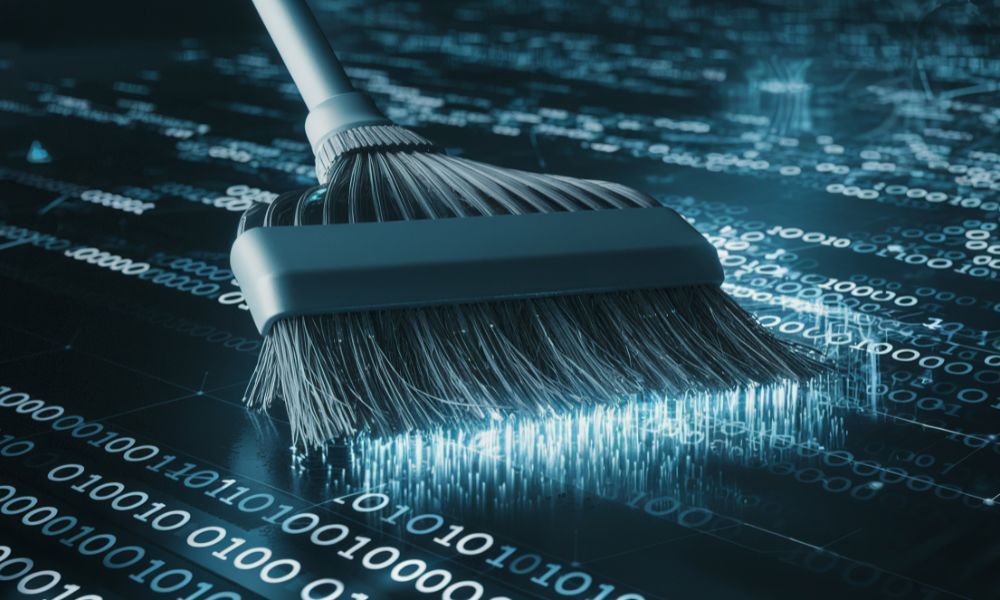 A broom sweeping over binary code, symbolizing data cleaning or deletion.