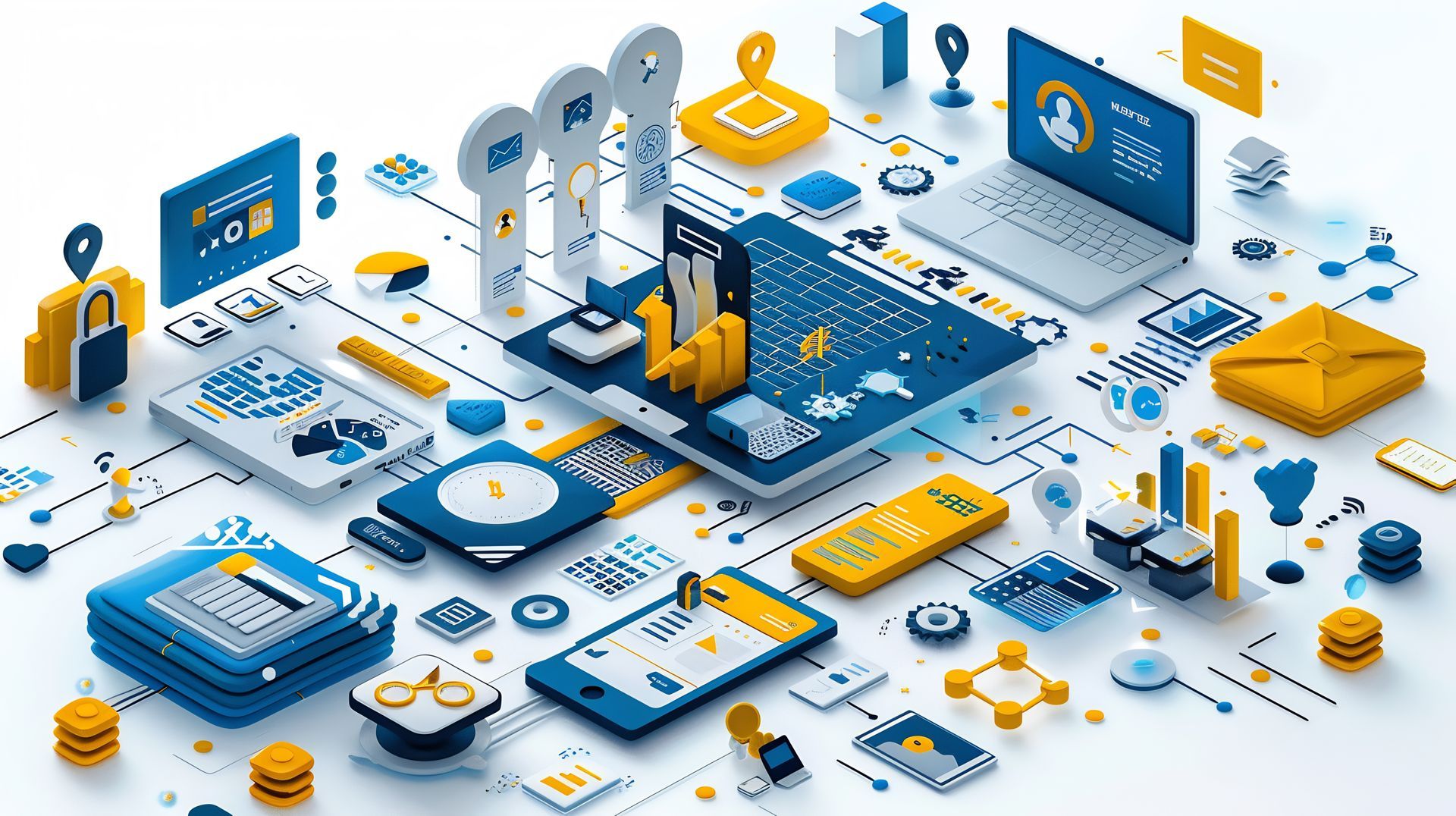 Isometric digital illustration with tech icons in blue and yellow.