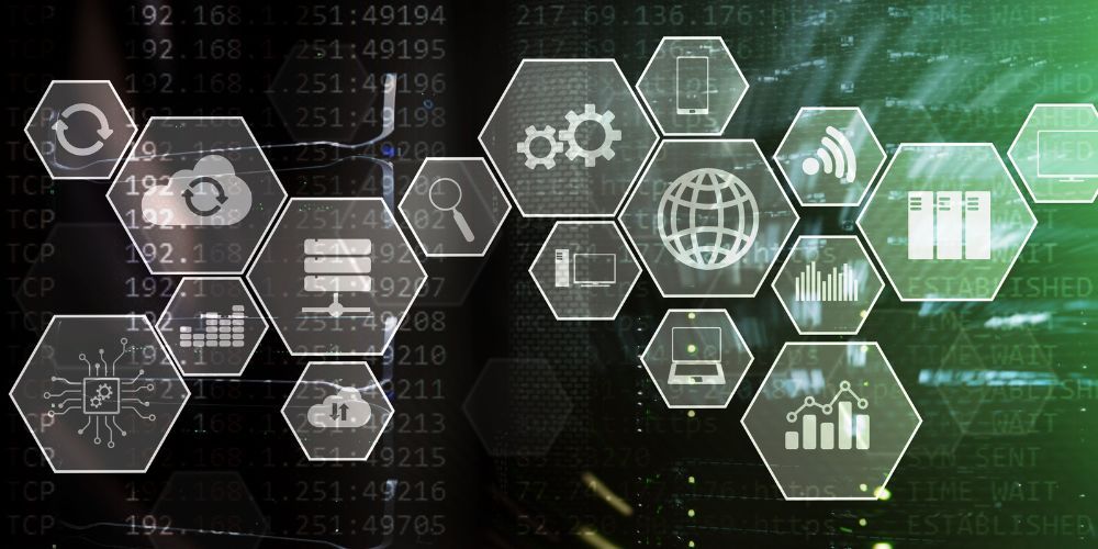 Hexagons with technology icons on a green and black background, suggesting data processing or cloud computing.