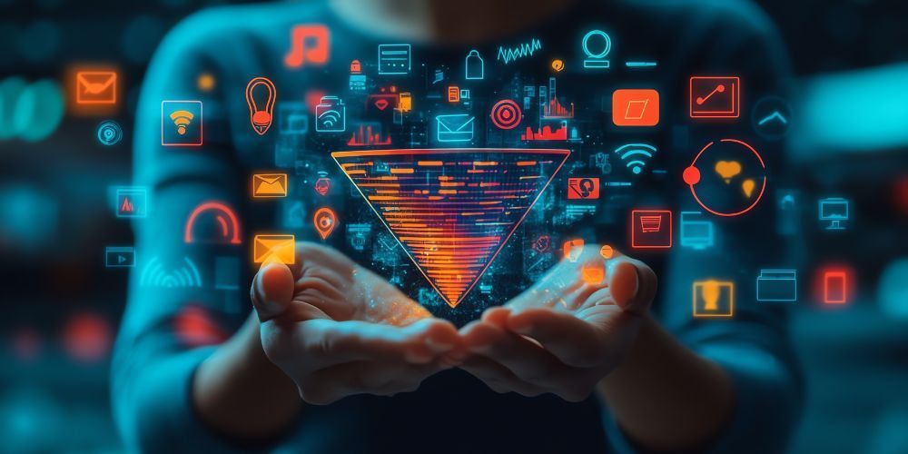 A person is holding a triangle in their hands with icons coming out of it.
