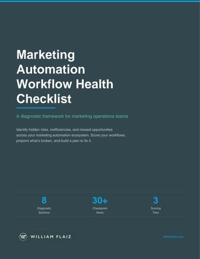 Marketing Automation Workflow Health Checklist cover. Gray background, text in white and teal. Includes diagnostic areas, platform tasks, and testing tips.