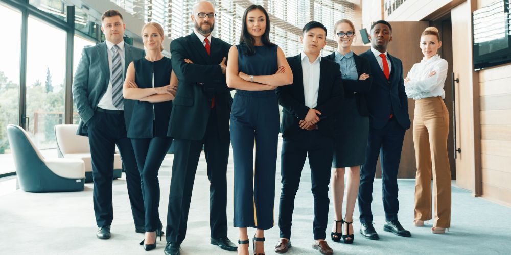 A group of business people standing next to each other in an office.