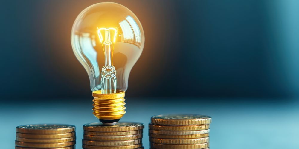 Glowing lightbulb on a stack of coins, suggesting the idea of financial ideas.