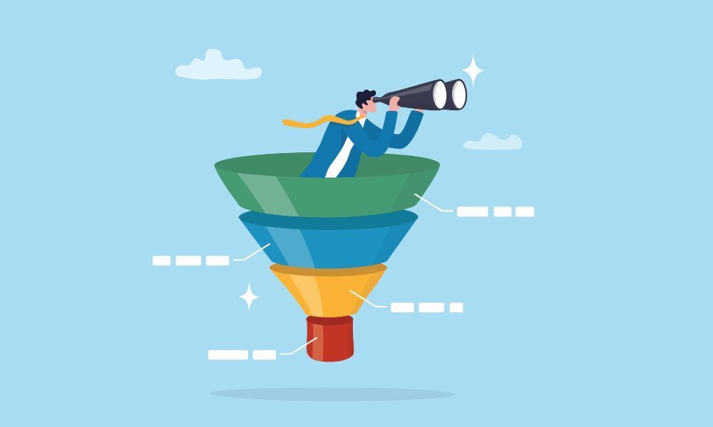 Businessman looking through binoculars inside a sales funnel, searching for opportunities.