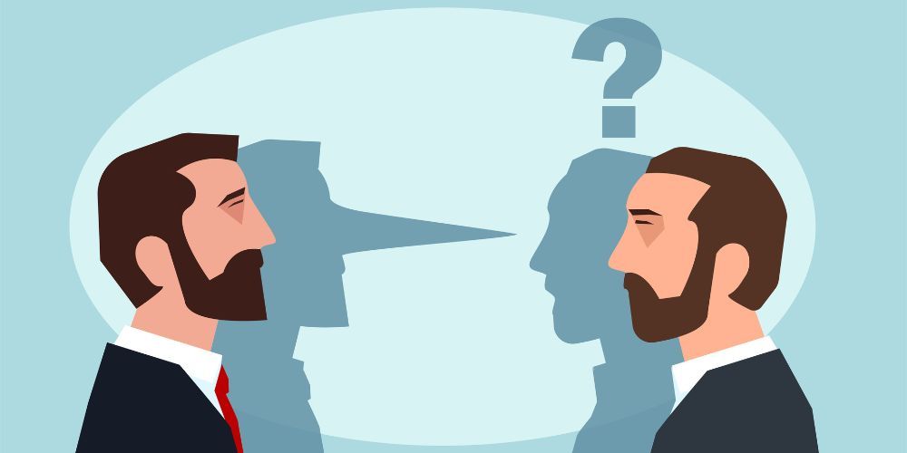 Two men facing each other with a shadow between them. One man has a long nose. A question mark is above the shadow.