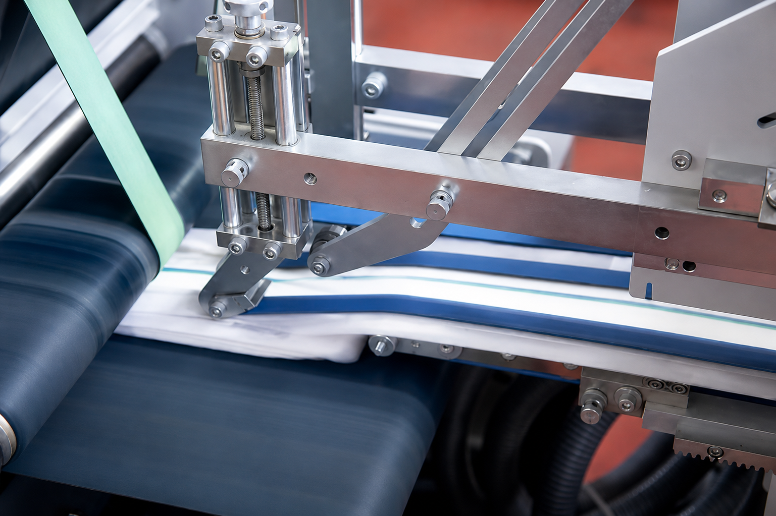 Primo piano di una macchina automatizzata che alimenta un tessuto blu su una linea di produzione.
