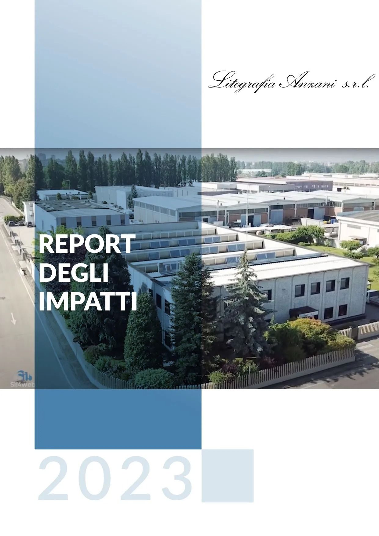 Copertina del “Report degli Impatti 2023” con vista aerea di un moderno complesso edilizio.