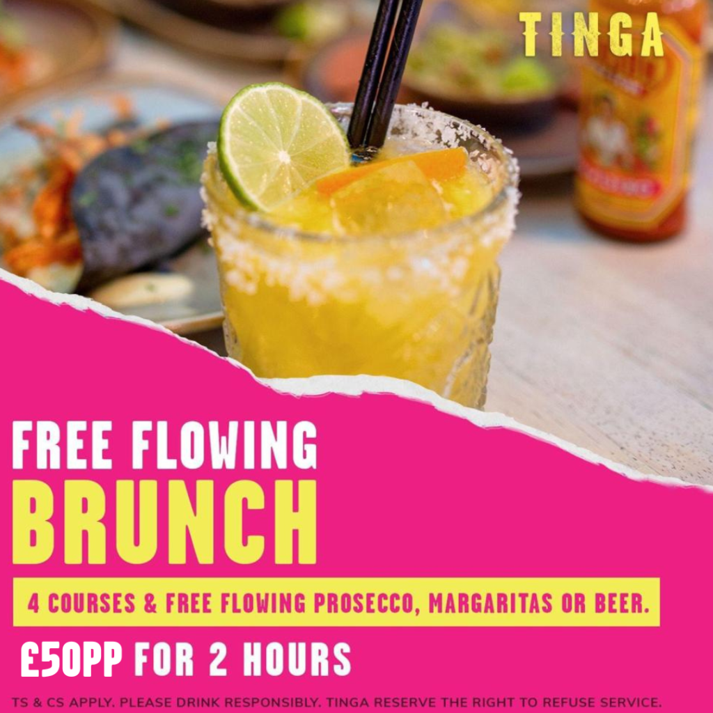An advertisement for tinga 's free flowing brunch