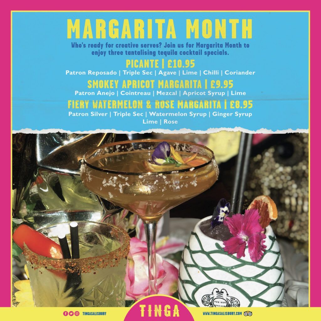 A poster for margarita month shows a variety of drinks