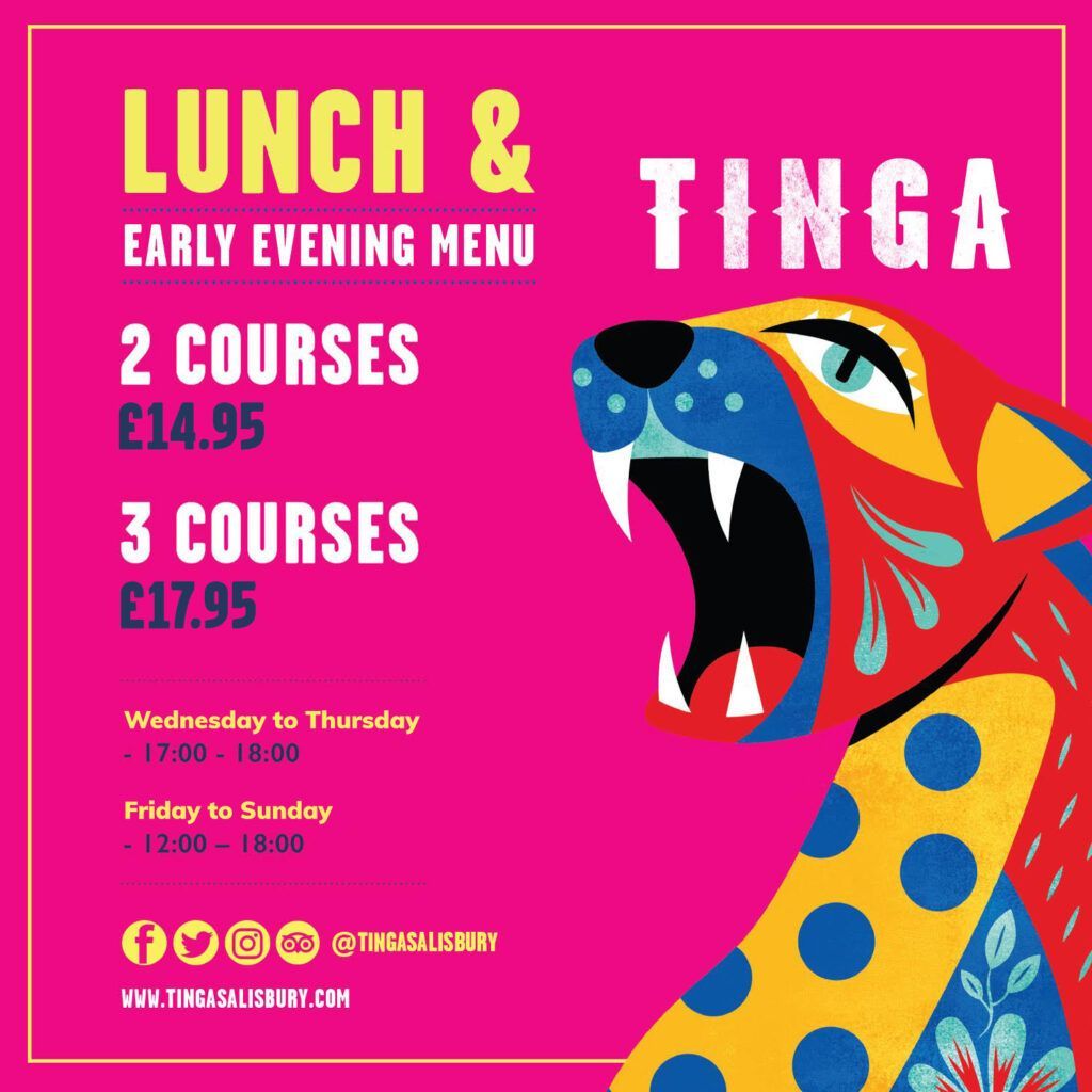 A colorful advertisement for lunch and tinga early evening menu.