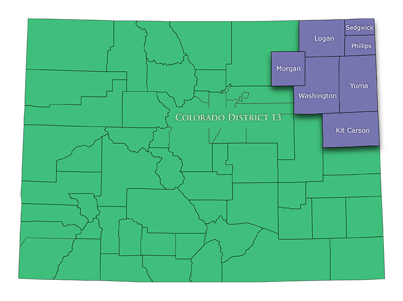 A green map of colorado with purple squares on it