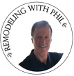 A logo for remodeling with phil shows a man in a black shirt