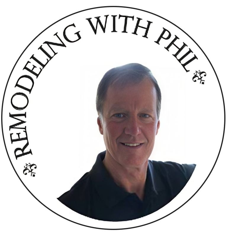 A logo for remodeling with phil shows a man in a black shirt