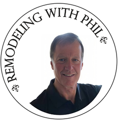 A logo for remodeling with phil shows a man in a black shirt