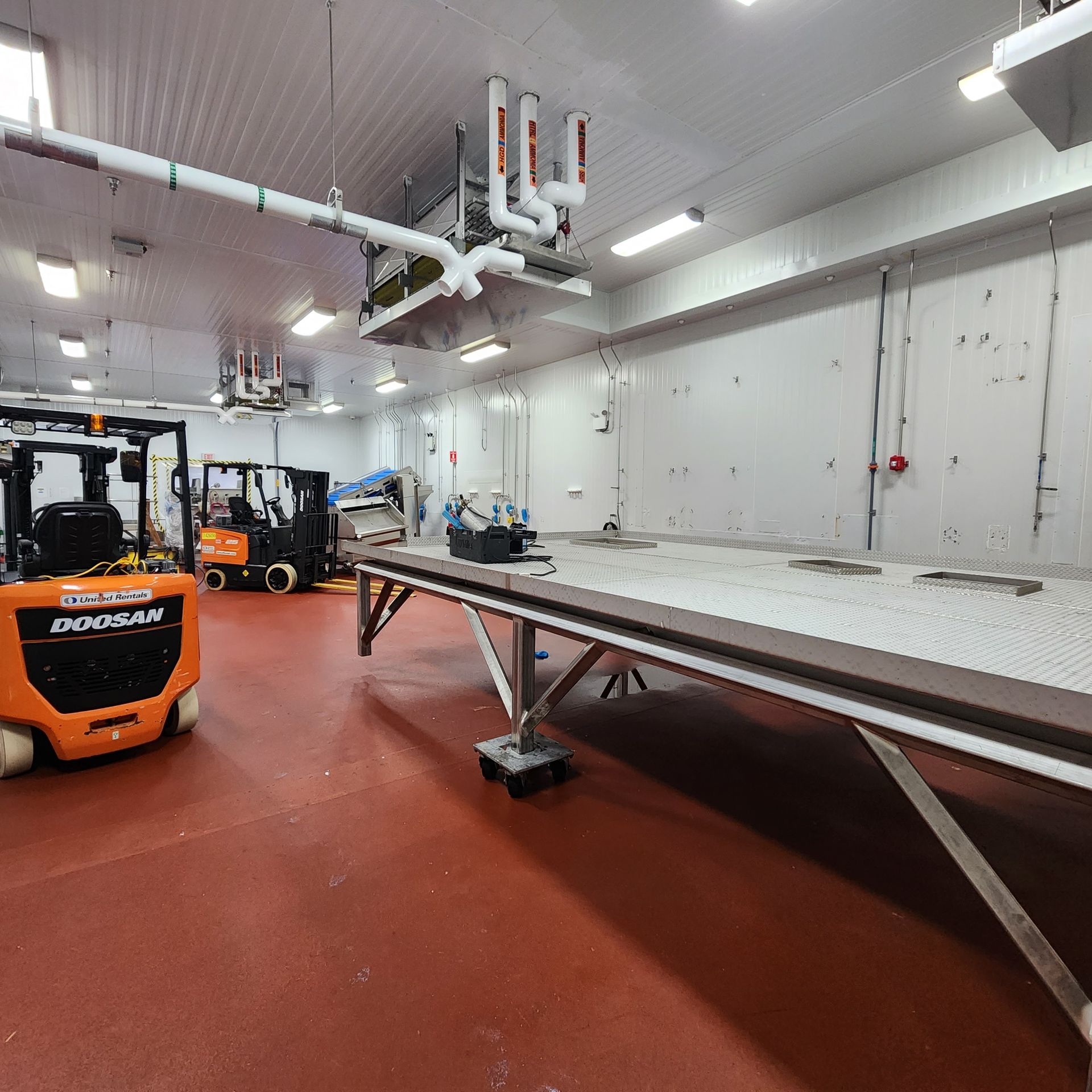 A doosan forklift is parked in a large room