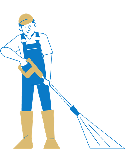 A man in overalls is holding a high pressure washer.