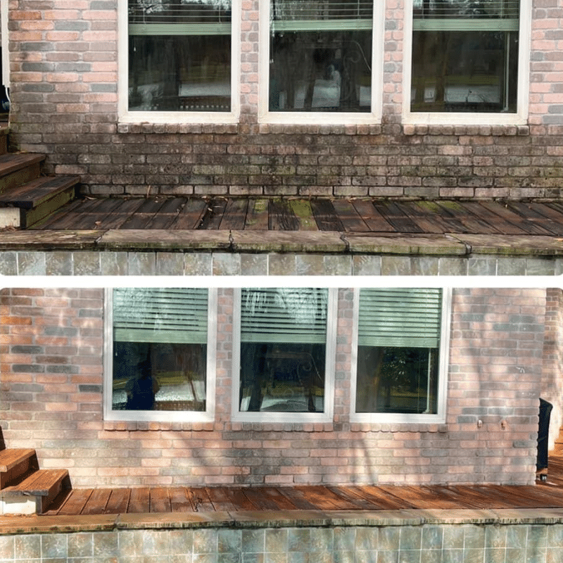 A before and after picture of a brick house