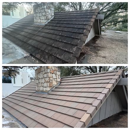 A picture of a roof before and after being cleaned