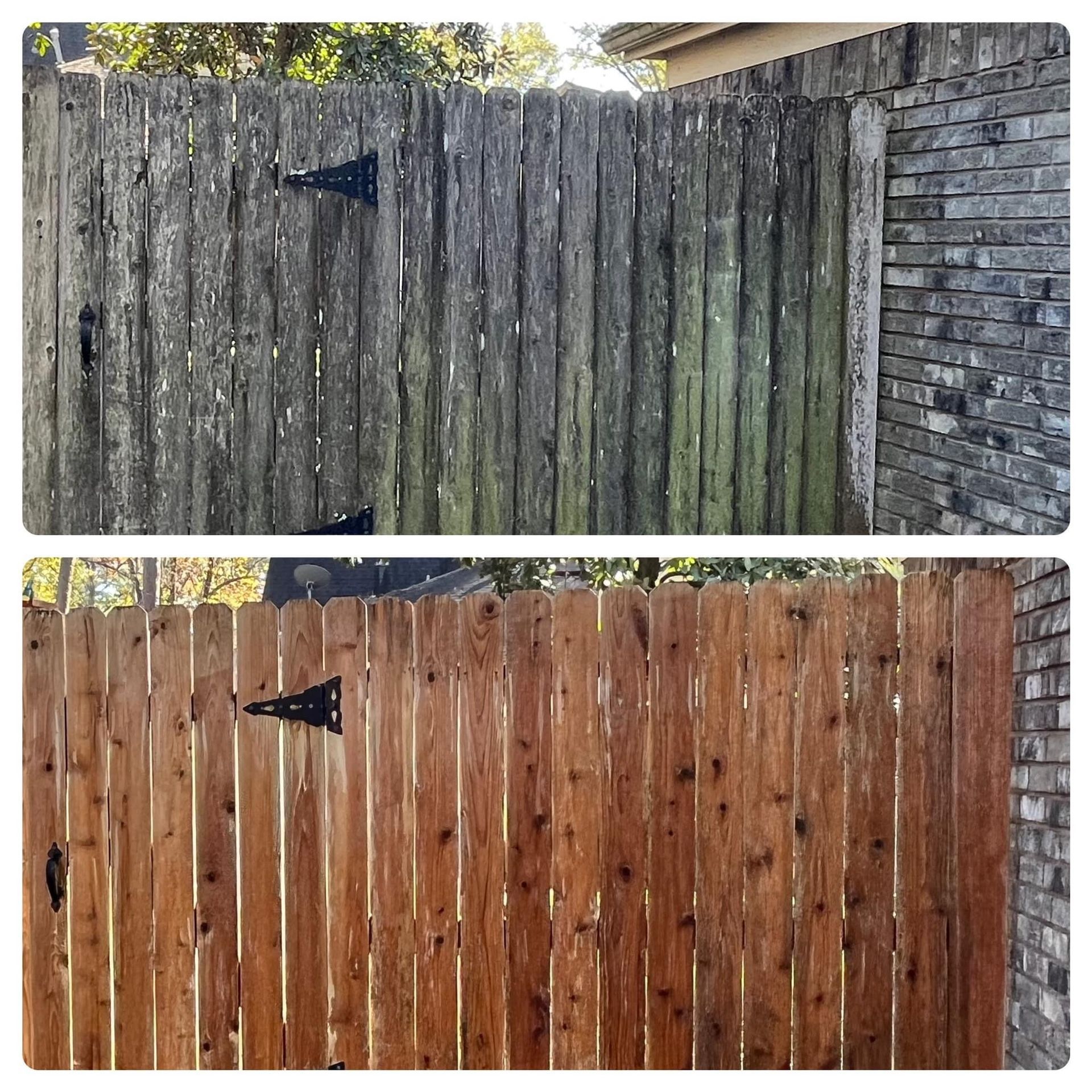 A before and after picture of a wooden fence.