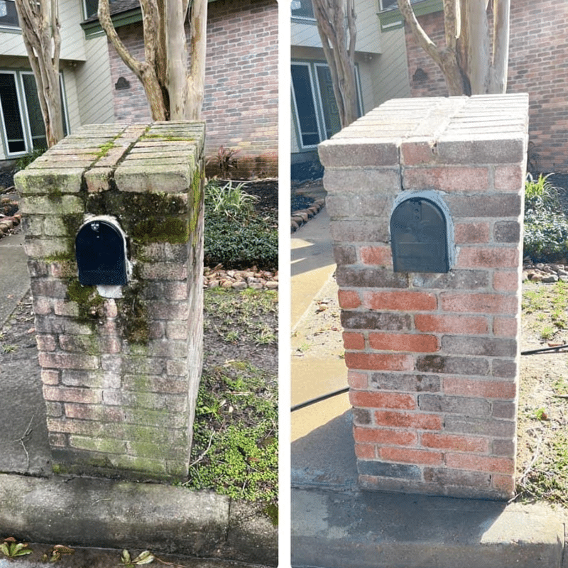 A before and after picture of a brick mailbox