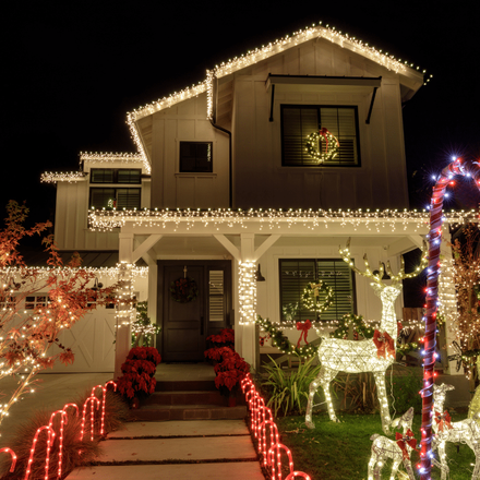 A house is decorated with christmas lights and reindeer statues.