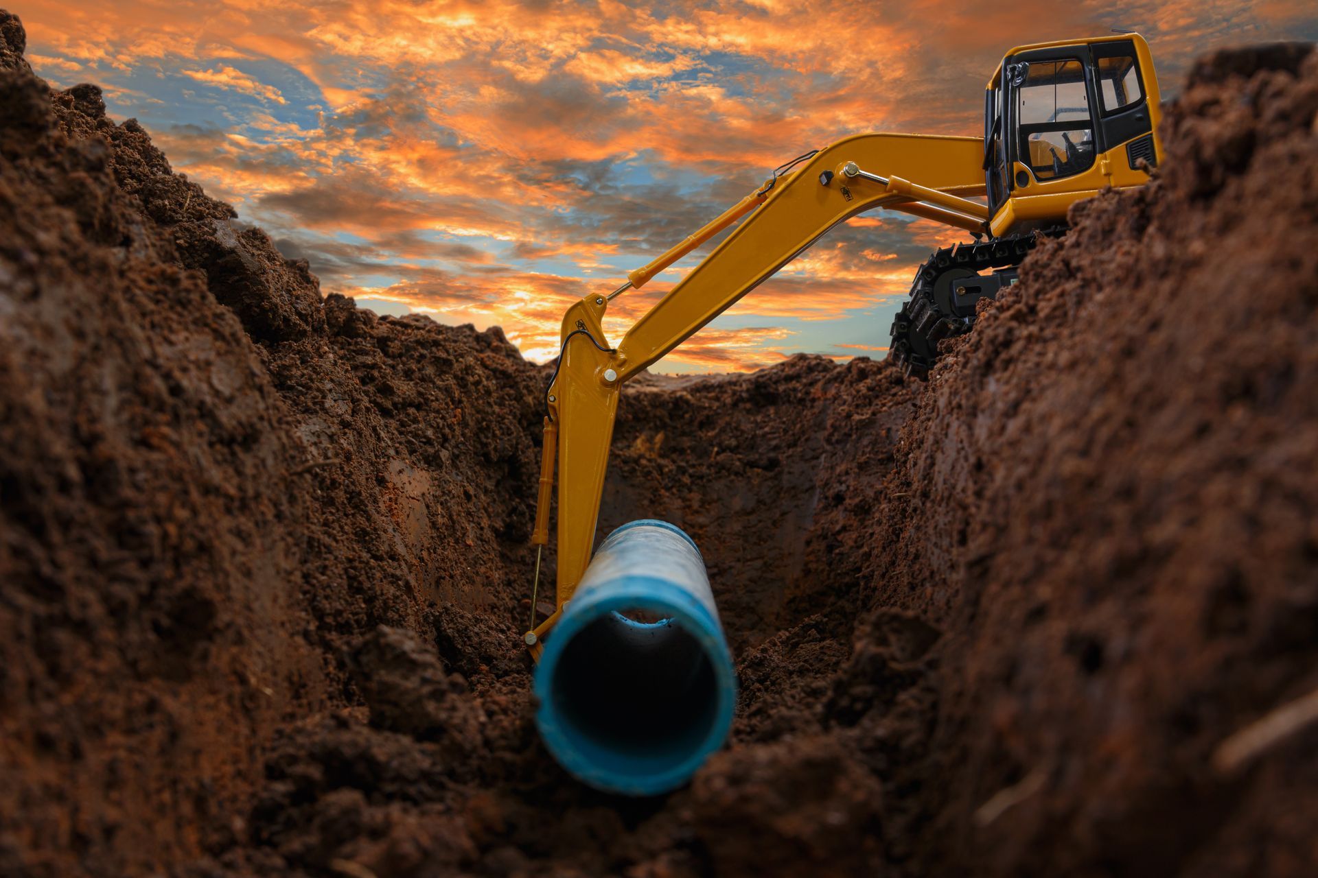 Yellow excavator laying blue pipe in brown trench; sunset background.